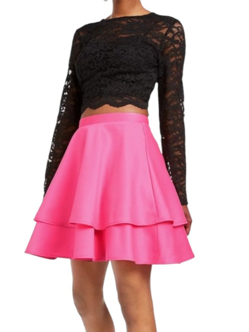 City Studio 2 Piece Set Lace Crop Top Satin Layered Skirt Black Pink Junior 5